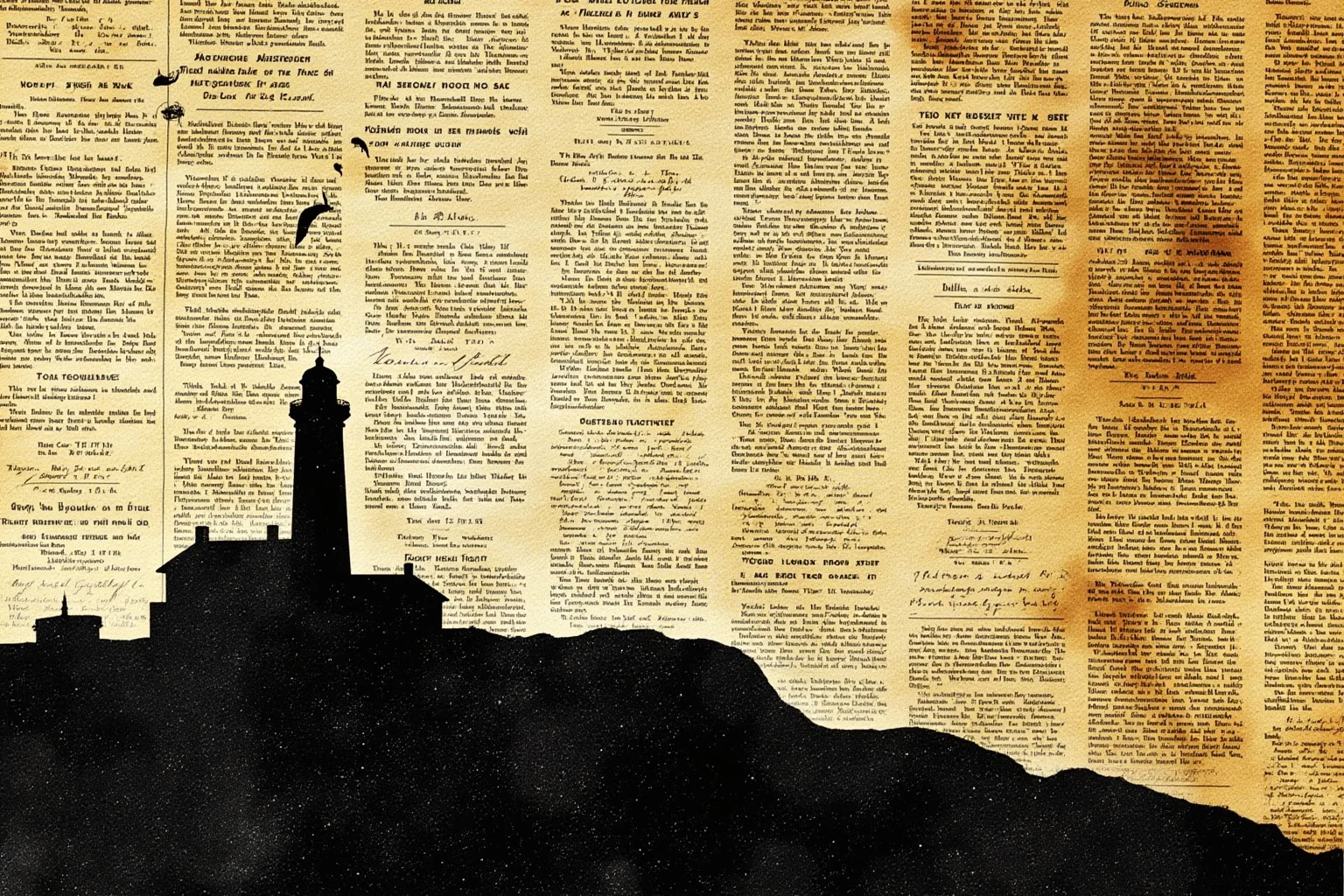 Strange History: Why Lighthouse Keepers Went Mad (Or Did They?) 23 A collage-style image of old newspaper clippings and lighthouse silhouettes suggesting spreading rumors and legend
