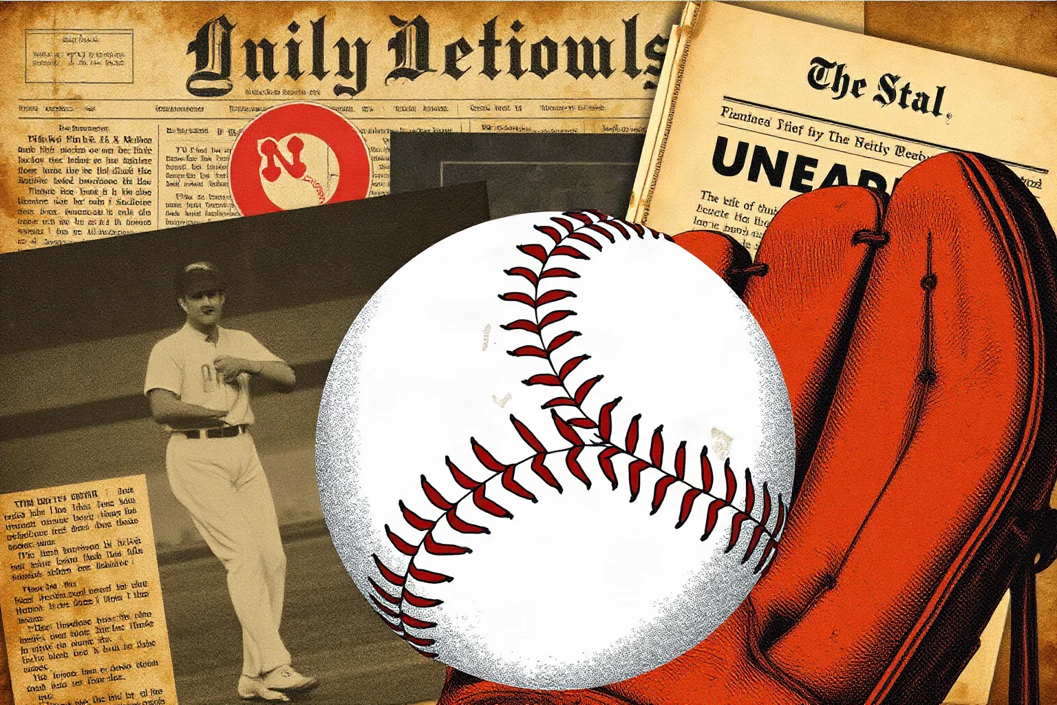 A collage-style vintage illustration of an old baseball, a newspaper clipping, and a pitcher's glove symbolizing legacy
