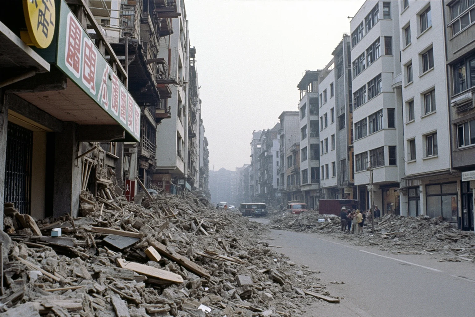 The Worst Events in Human History: 22 of the Darkest Chapters Ever Recorded 20 A collapsed 1970s-style city street after an earthquake, representing the Tangshan disaster