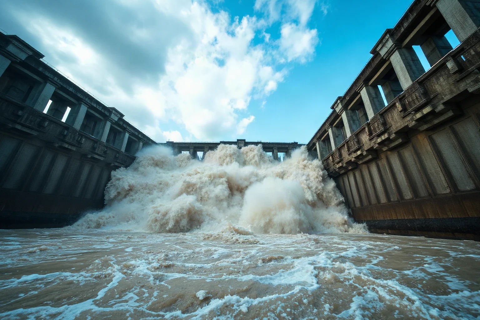 A collapsed concrete dam structure with floodwaters pouring through a broken wall, dramatic wide shot