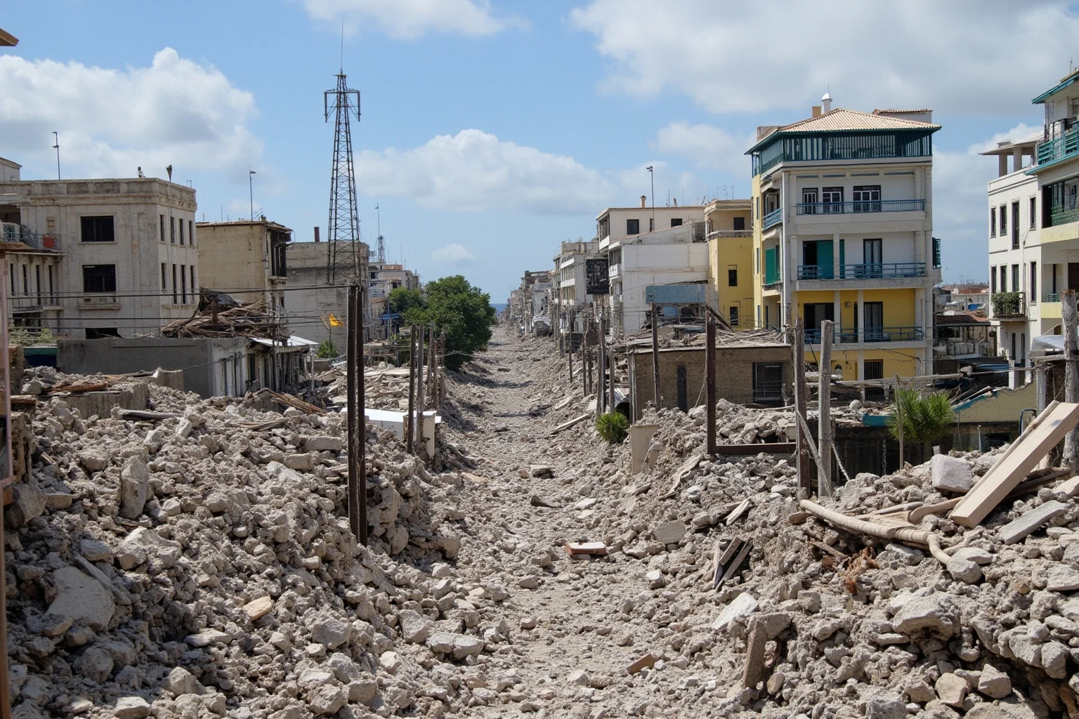 A collapsed urban cityscape with rubble-strewn streets after a Caribbean earthquake