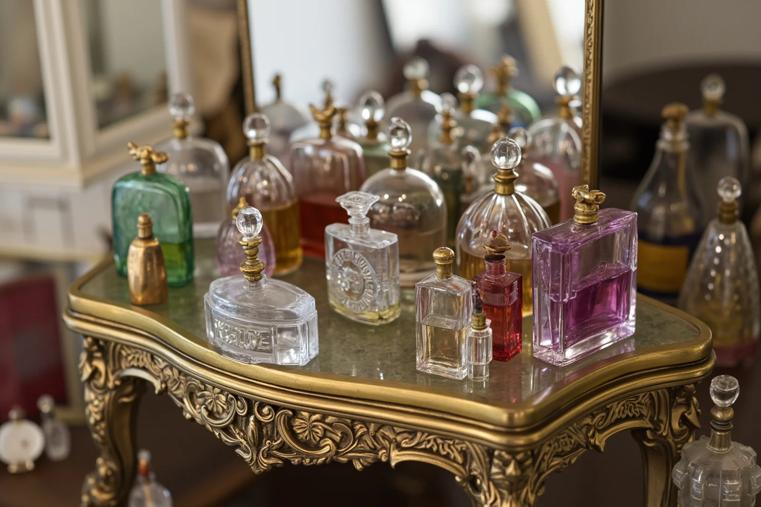 A collection of antique glass perfume bottles arranged on an ornate vanity table