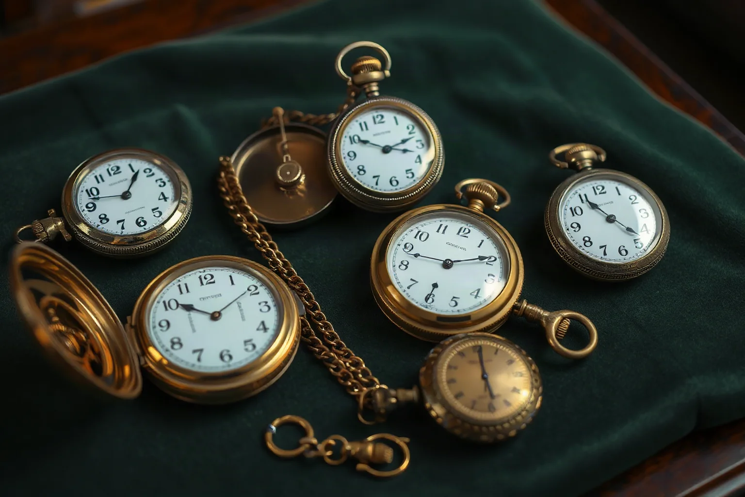 A collection of intricate brass spring-driven clocks and pocket watches on a velvet cloth