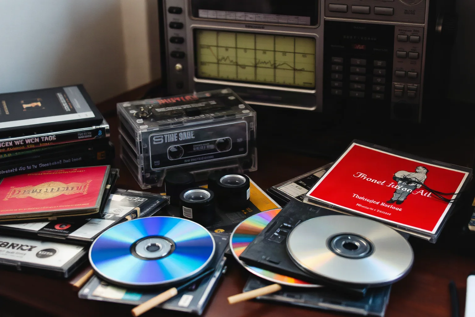 A collection of old CDs and cassette tapes scattered on a desk beside a shortwave radio, archival vibe