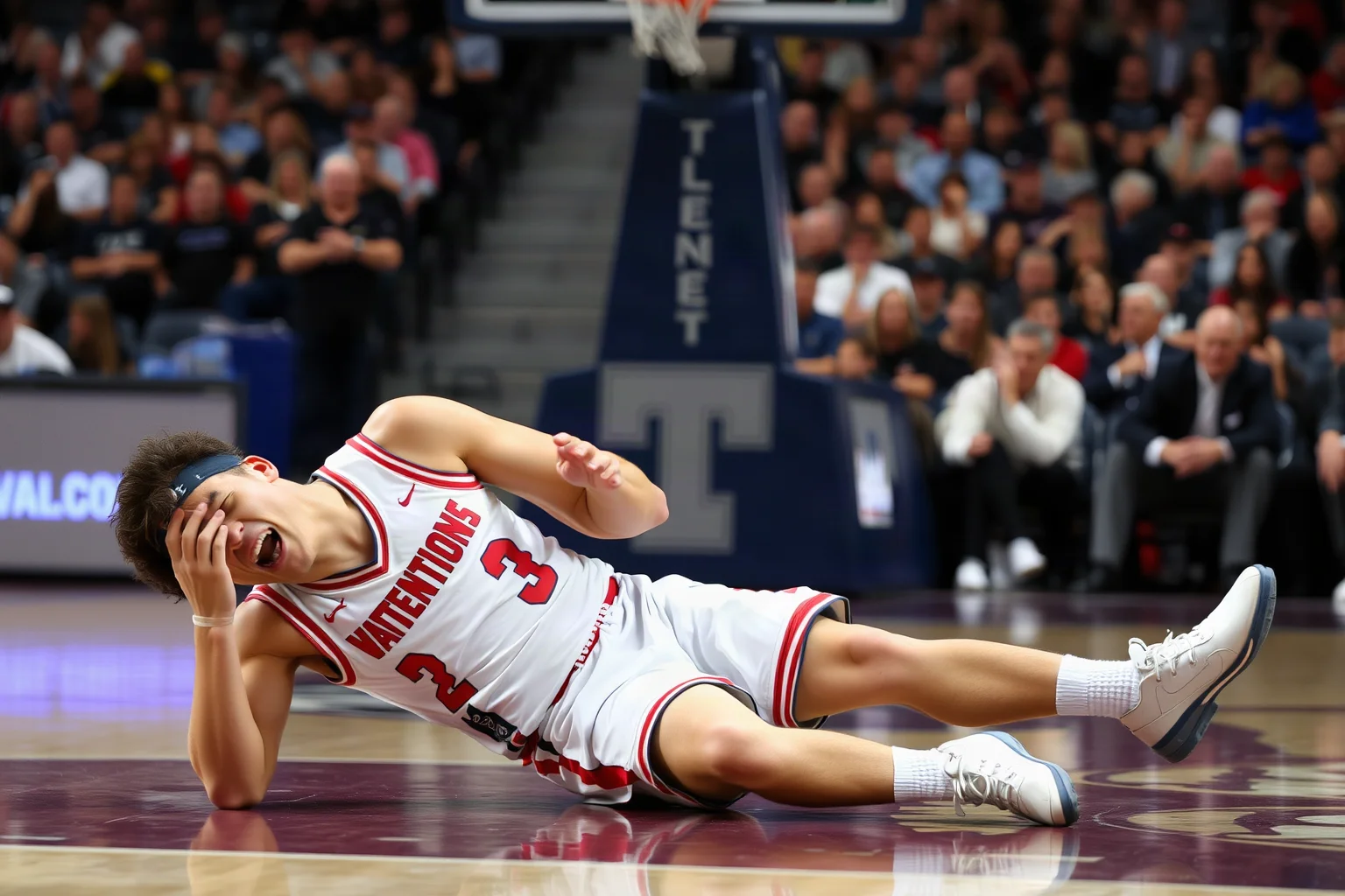 A college basketball player on a hardwood court reacting in pain after an awkward landing near the free-throw line, arena crowd blurred in background