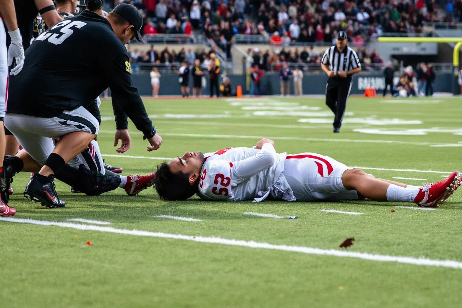 A college football player lying on the field surrounded by teammates taking a knee in support, somber stadium atmosphere