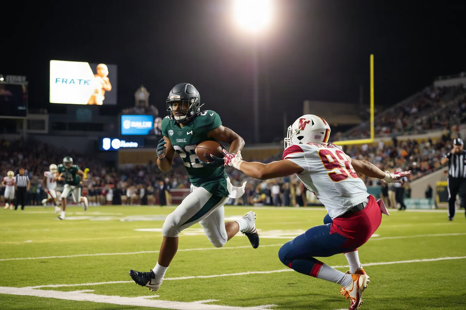 A college football running back breaking through a tackle attempt during a championship bowl game under stadium lights