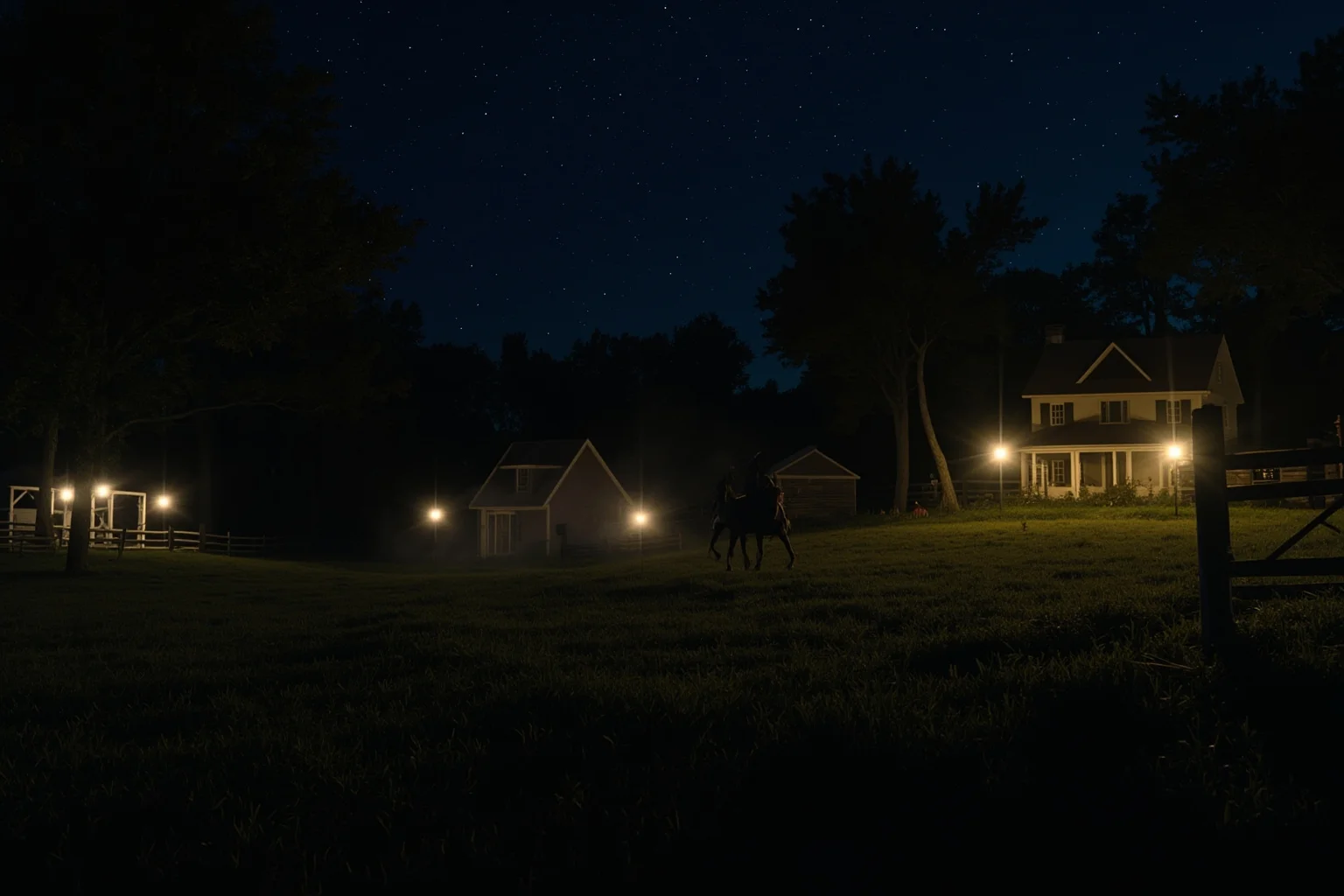 A colonial American countryside at night with a lone horse and rider galloping past lantern-lit farmhouses