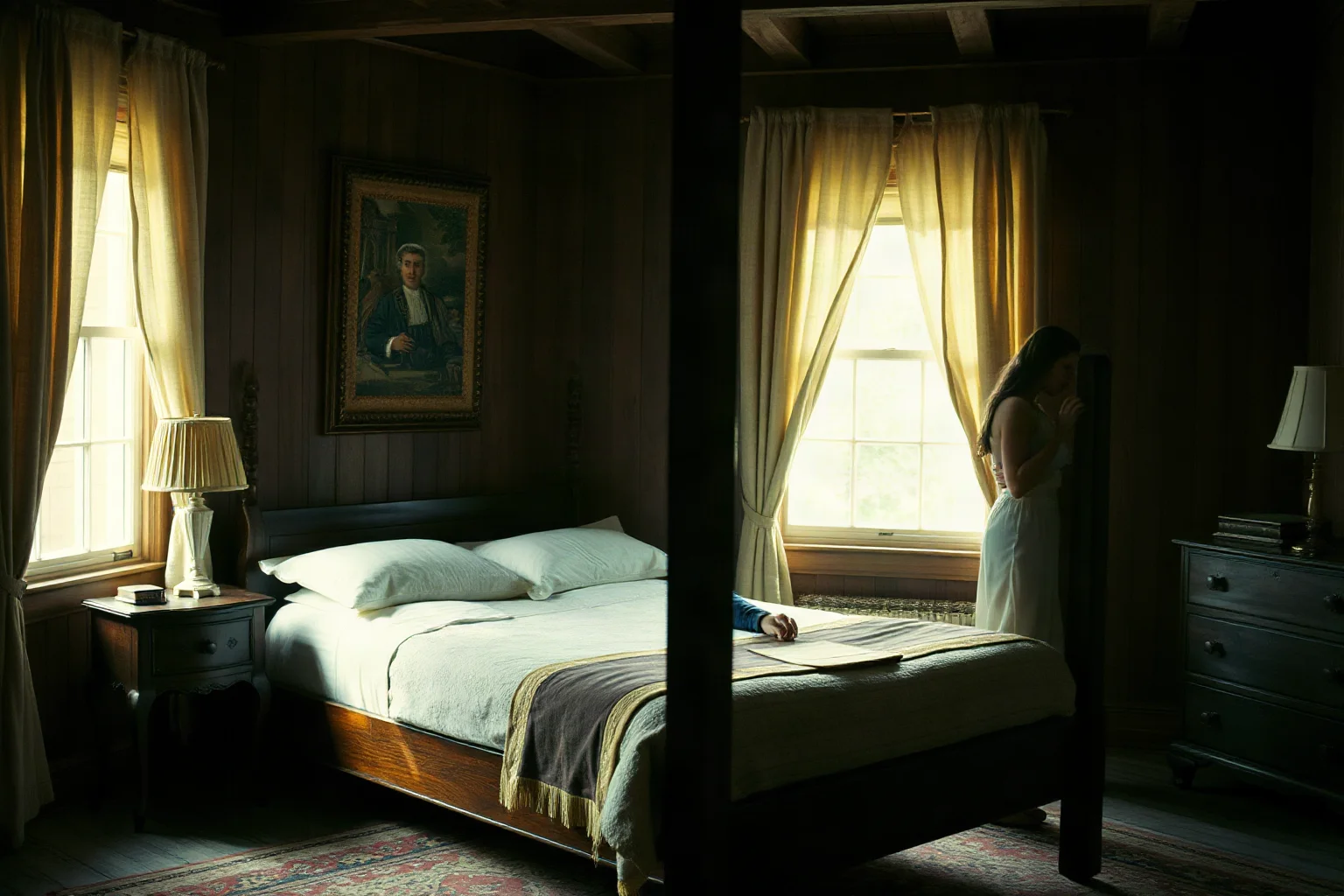A colonial-era American bedroom with a courting couple separated by a wooden bundling board