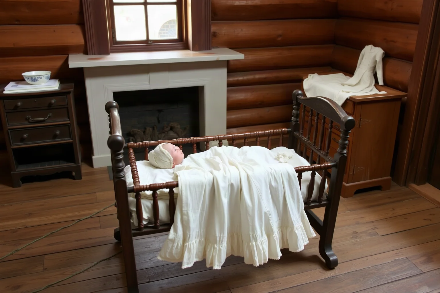 A colonial-era cradle and infant clothing laid out in a wooden farmhouse room, historical still life