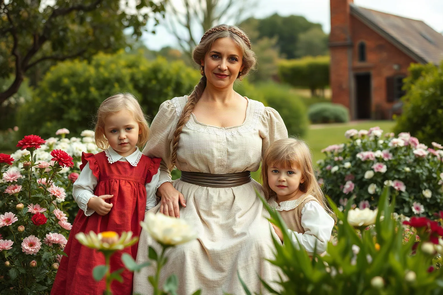 A colonial-era family portrait scene with a mother and two children in a garden, generic historical illustration