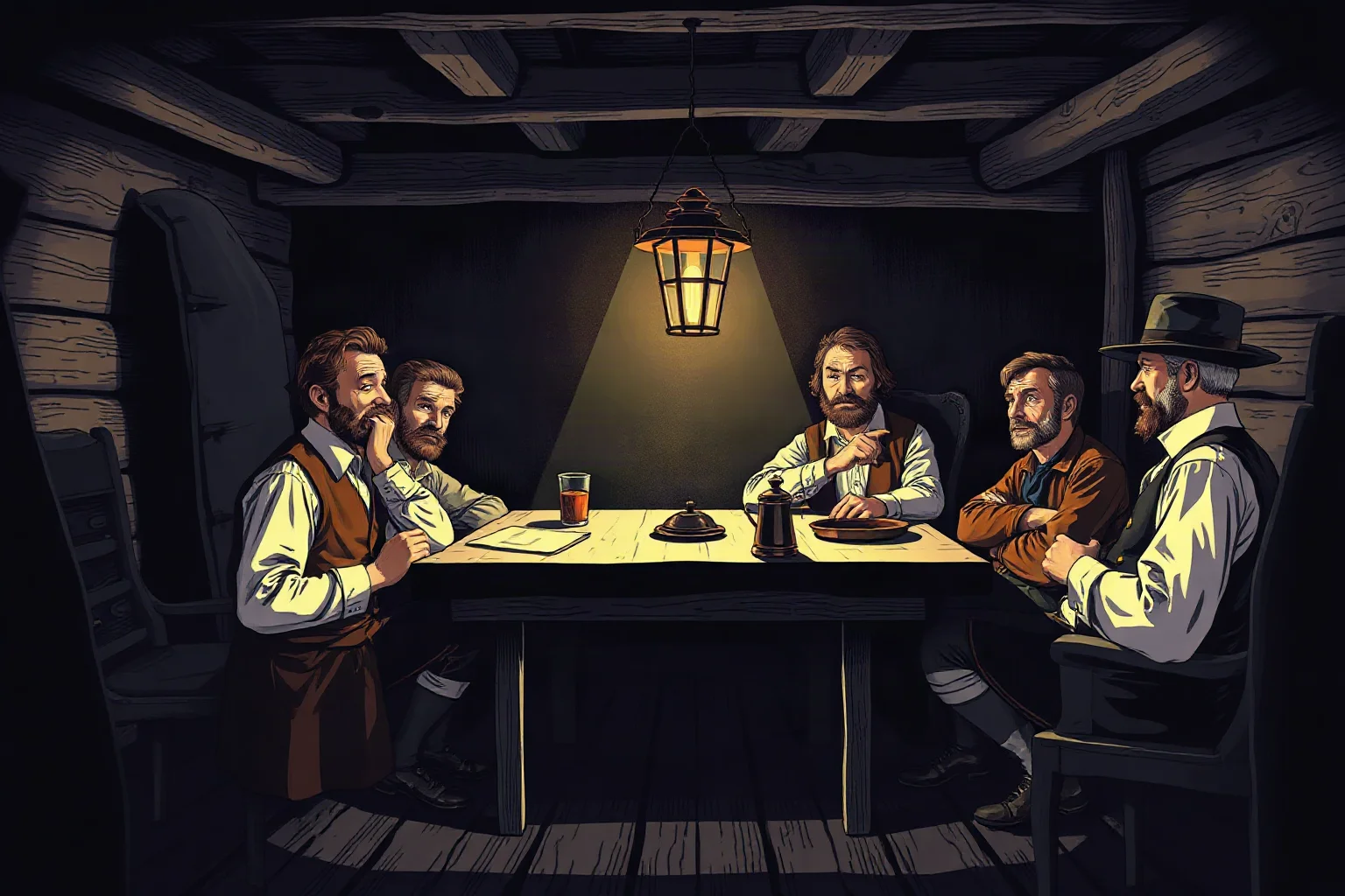 A colonial-era group of men gathered secretly by lantern light around a wooden table, historical illustration