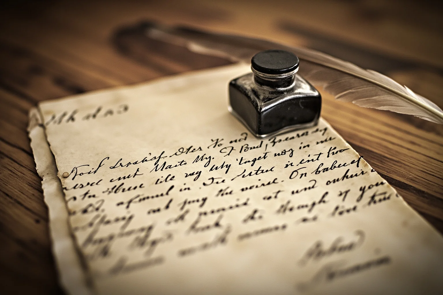 A colonial-era handwritten letter with elegant script signature, feather quill and ink bottle on an antique wooden table