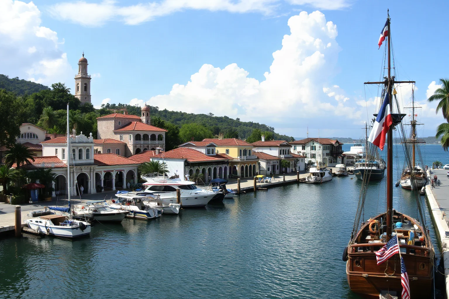 A colonial-era harbor city with European-style buildings and ships flying flags, set in a tropical coastal region