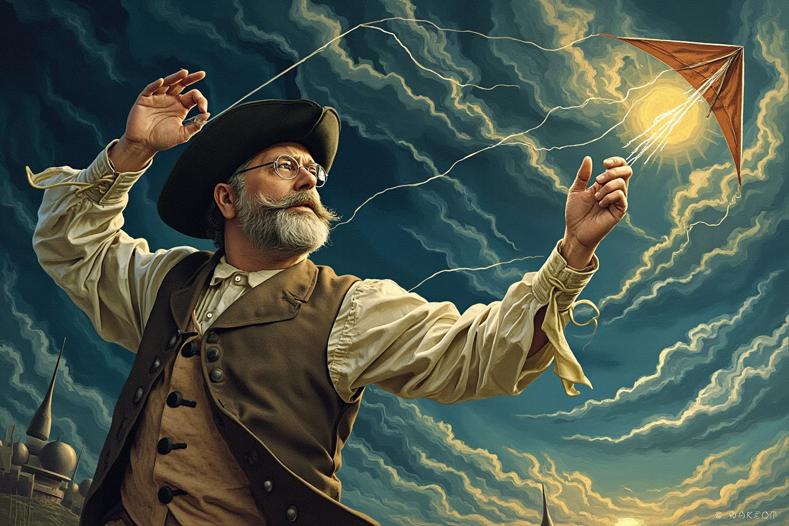 A colonial-era man with spectacles flying a kite in a thunderstorm, illustration style