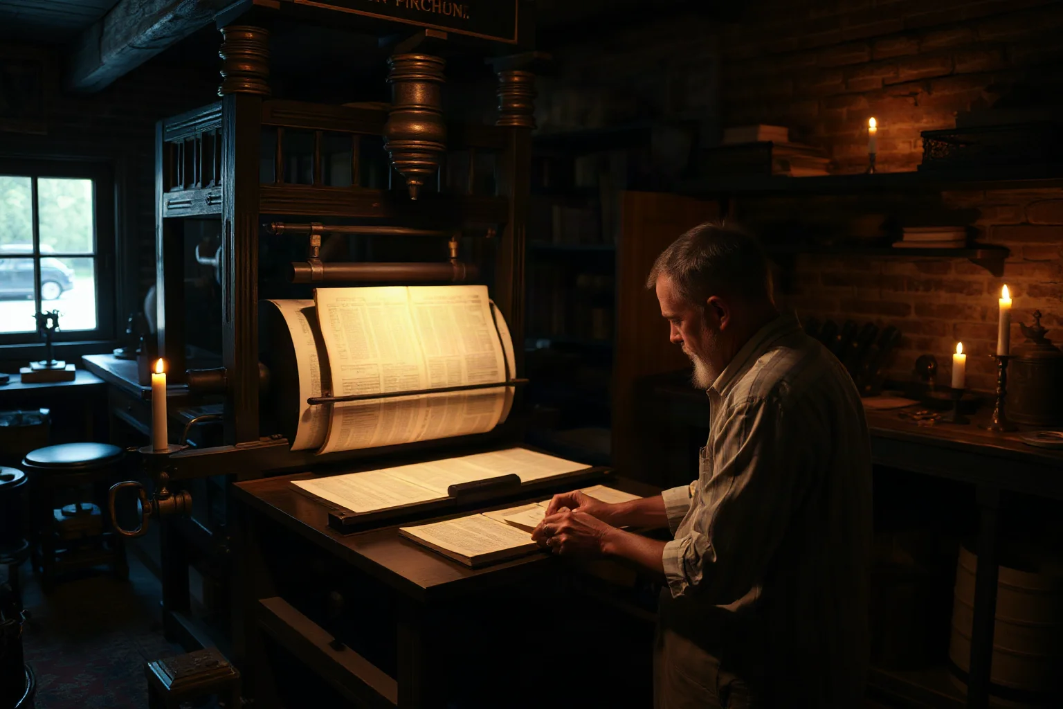A colonial-era printing press with a man working to produce pamphlets, candlelight illuminating the workshop
