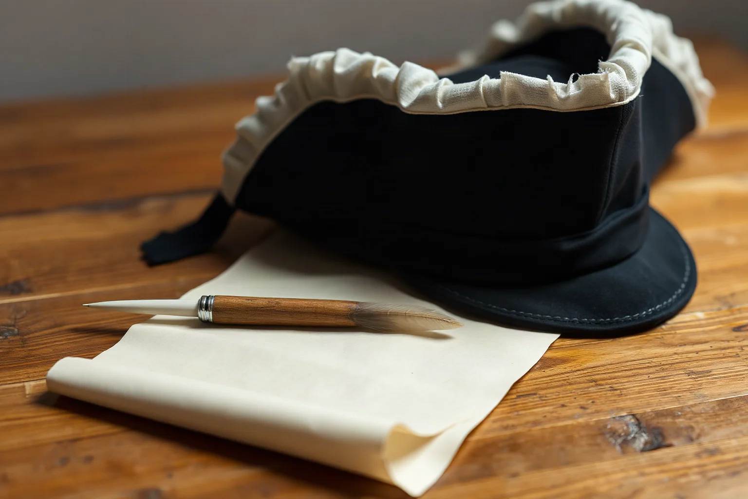 A colonial-era quill pen resting on parchment beside a tricorn hat on a wooden desk