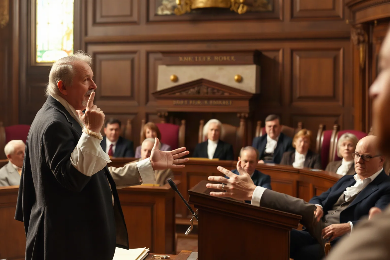 A colonial-era statesman gesturing passionately while addressing a wooden assembly hall of seated delegates