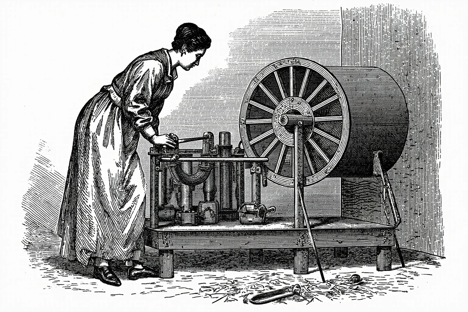 A colonial-era woman overseeing an early industrial corn milling machine, historical illustration style
