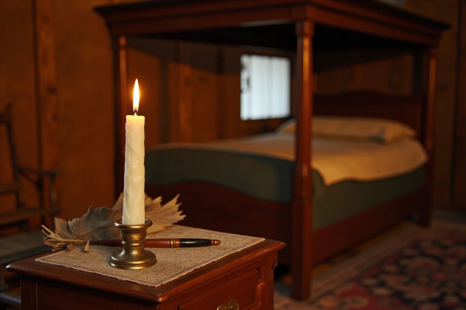 A colonial-era wooden bedroom with a four-poster bed, candle, and quill pen on a nightstand, 18th-century American estate