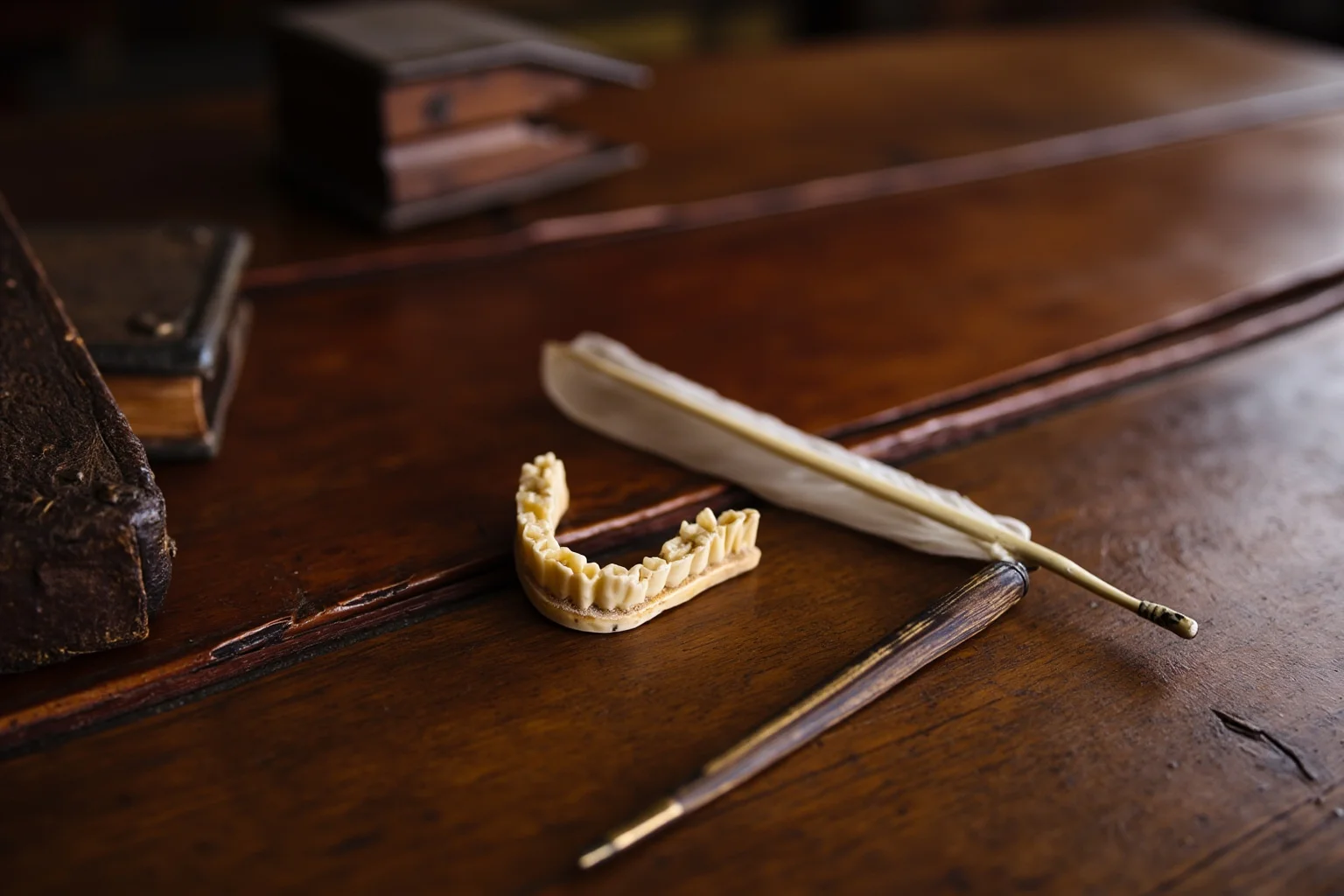 A colonial-era wooden writing desk with an antique set of dentures and quill pen resting nearby