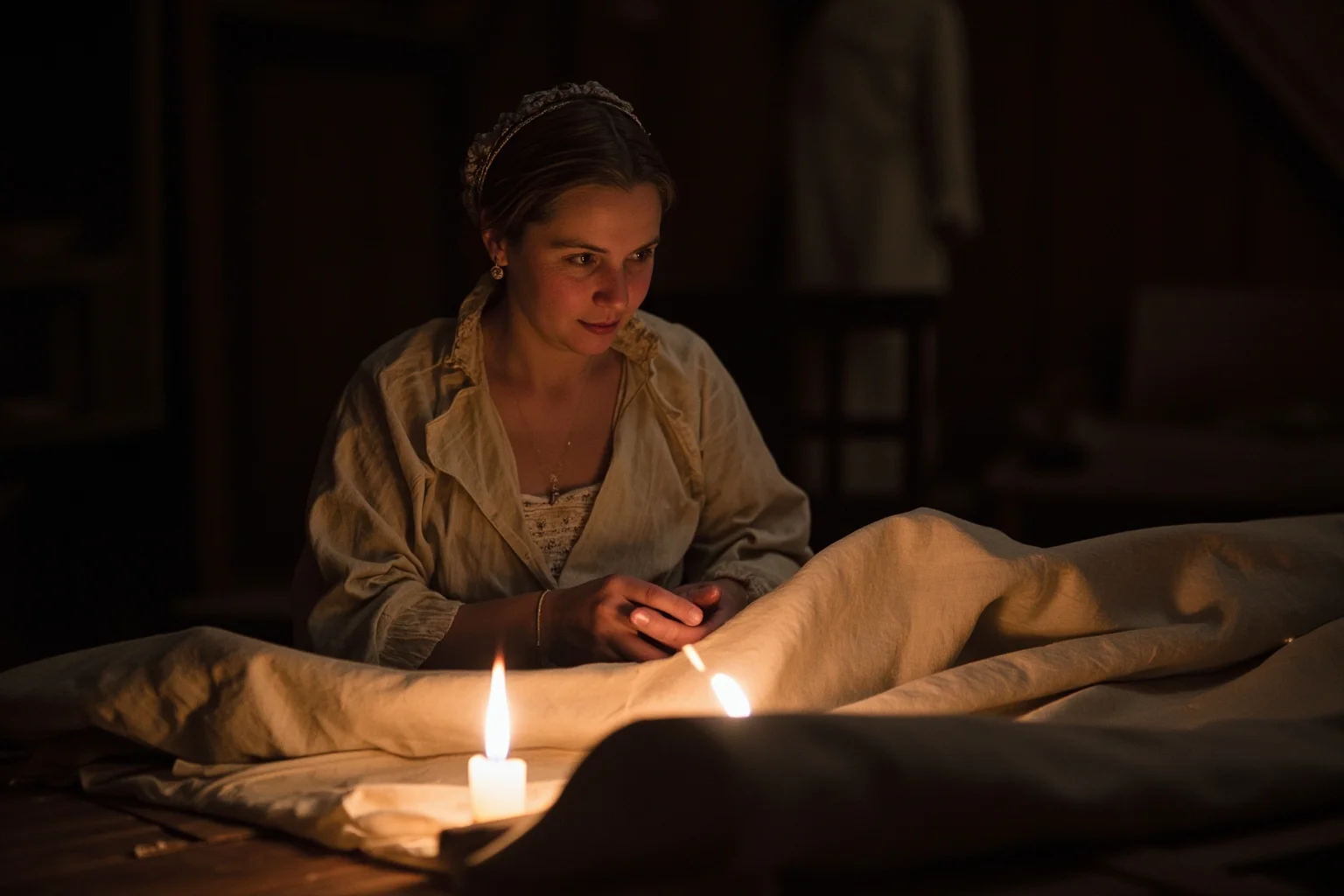 A colonial seamstress sewing a large flag by candlelight in a period workshop