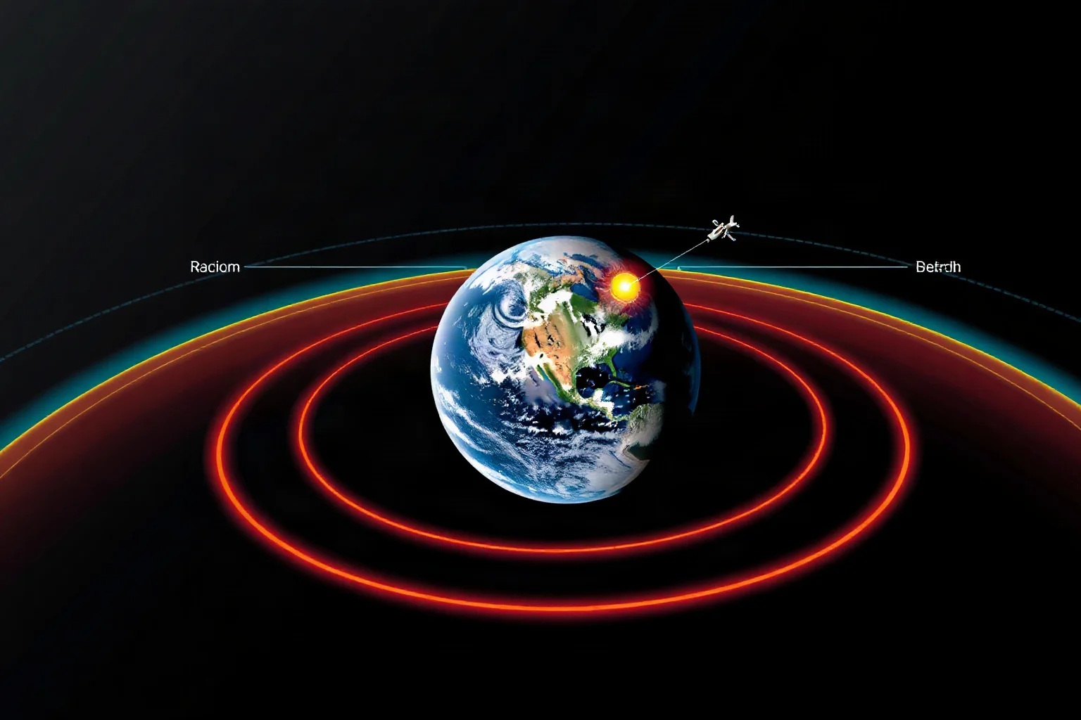 A colorful diagram illustration of Earth surrounded by glowing radiation belt rings with a small spacecraft trajectory arcing through them