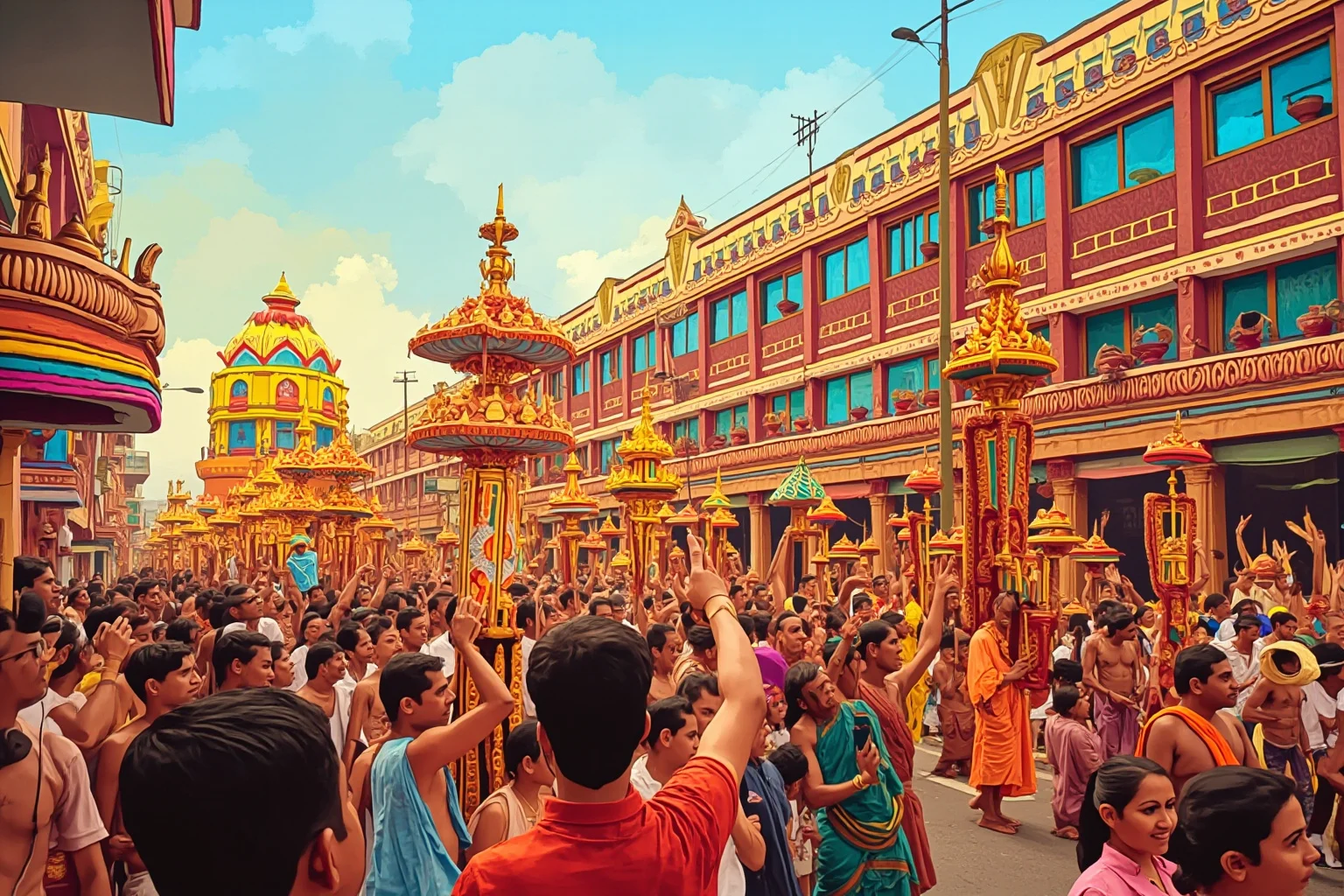 A colorful Hindu Thaipusam procession with devotees carrying ornate kavadi structures, vibrant festival illustration