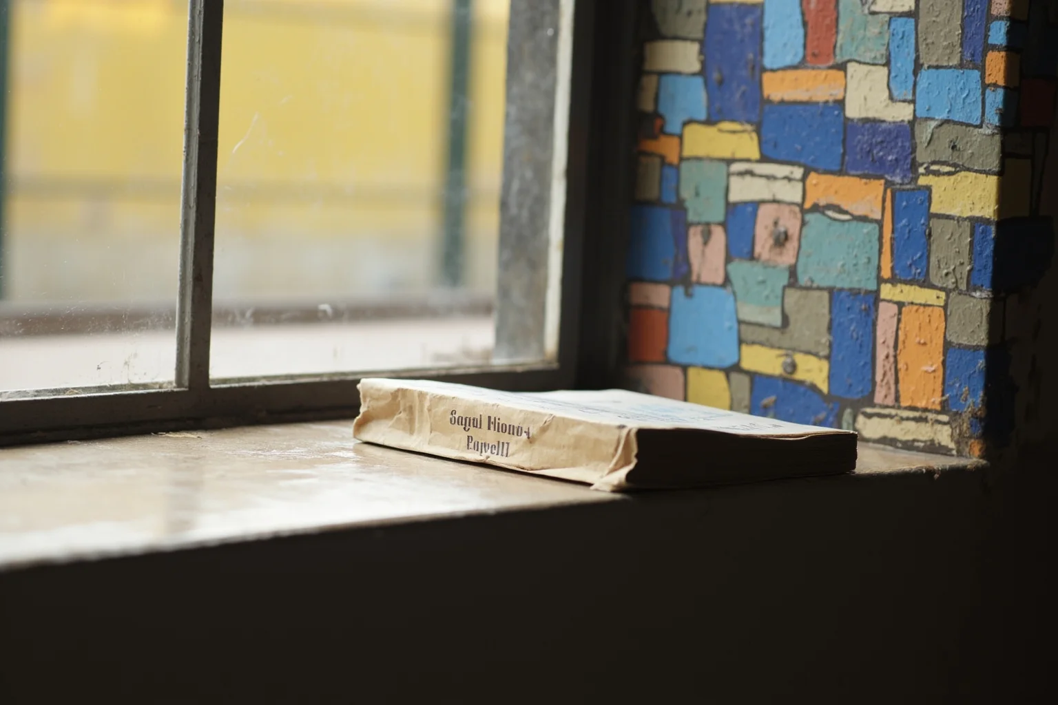 A colorful mural-lined windowsill with a worn paperback book resting in the light