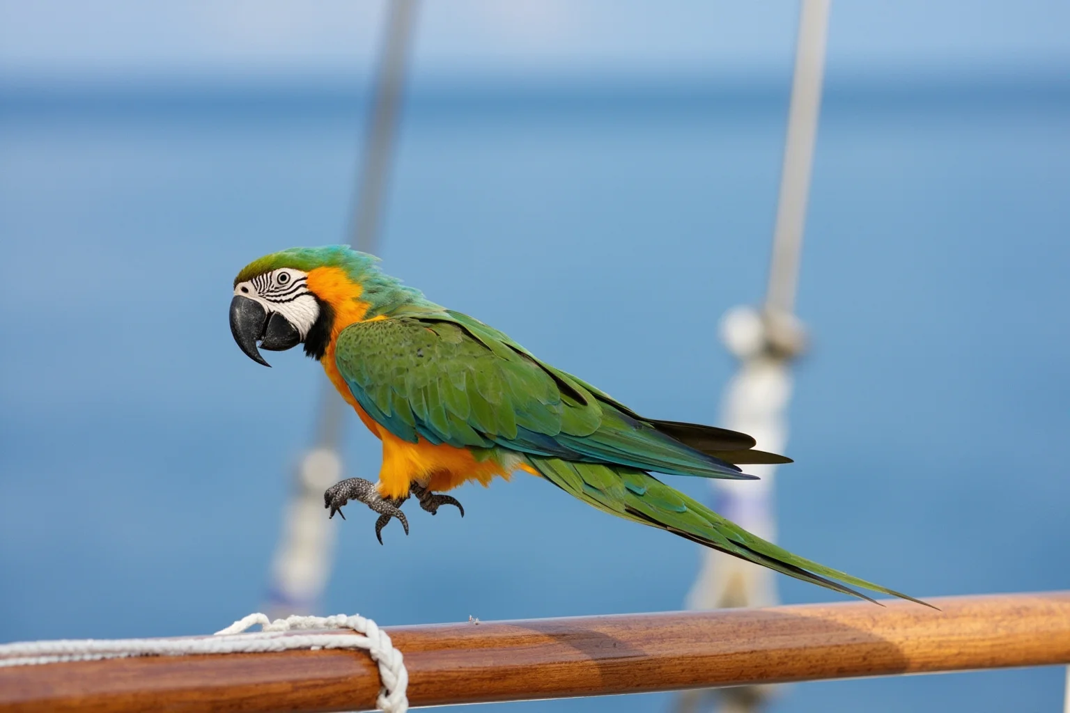A colorful parrot perched on a ship's wooden railing against a sea backdrop