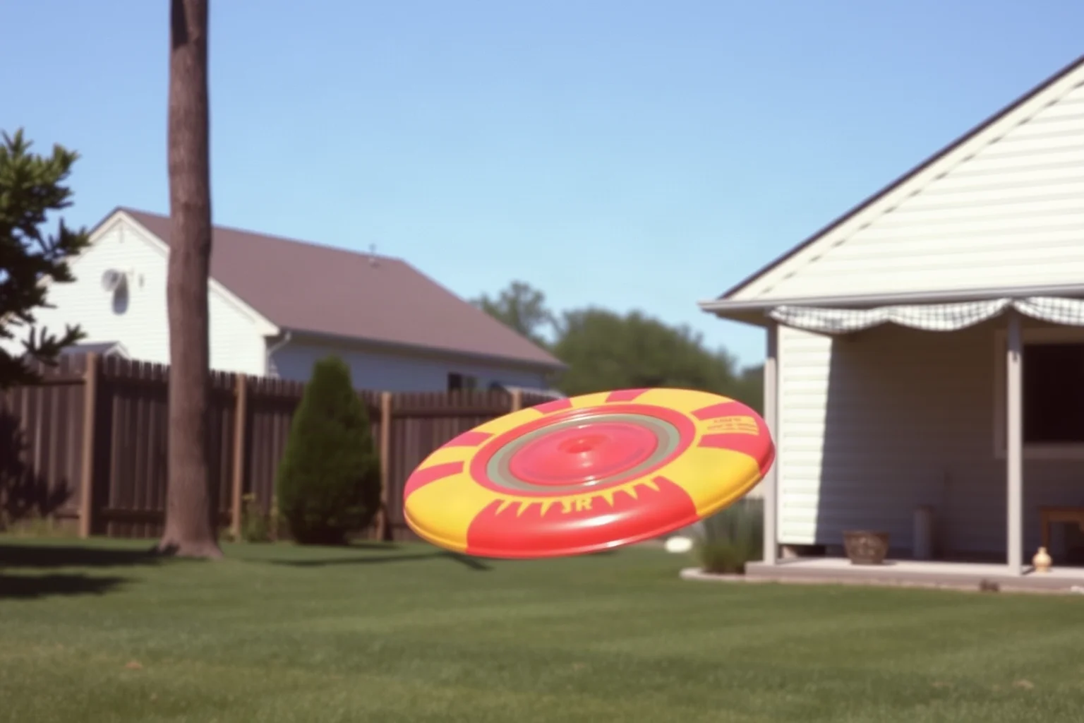 A colorful plastic flying disc mid-flight over a sunny backyard lawn, 1950s scene