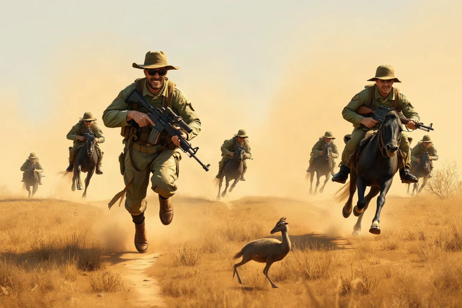 A comedic illustration of soldiers with rifles in an outback field chasing running emus across dusty terrain