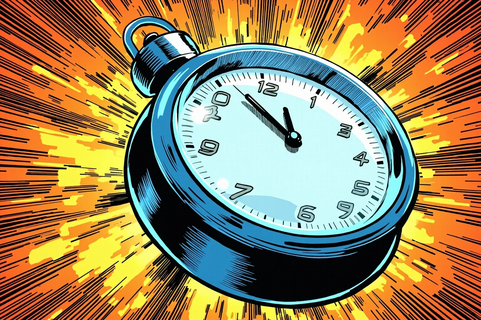 A comic-book style clock frozen mid-tick with dramatic radiating lines, dynamic manga-inspired illustration