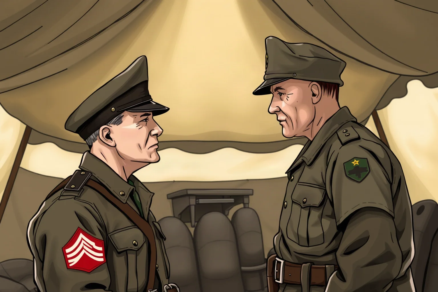 A commanding officer speaking sternly to a soldier before deployment, in a wartime military tent, illustrated scene