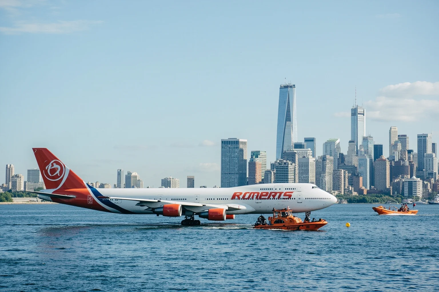 A commercial airplane floating on a calm river near a city skyline with rescue boats approaching