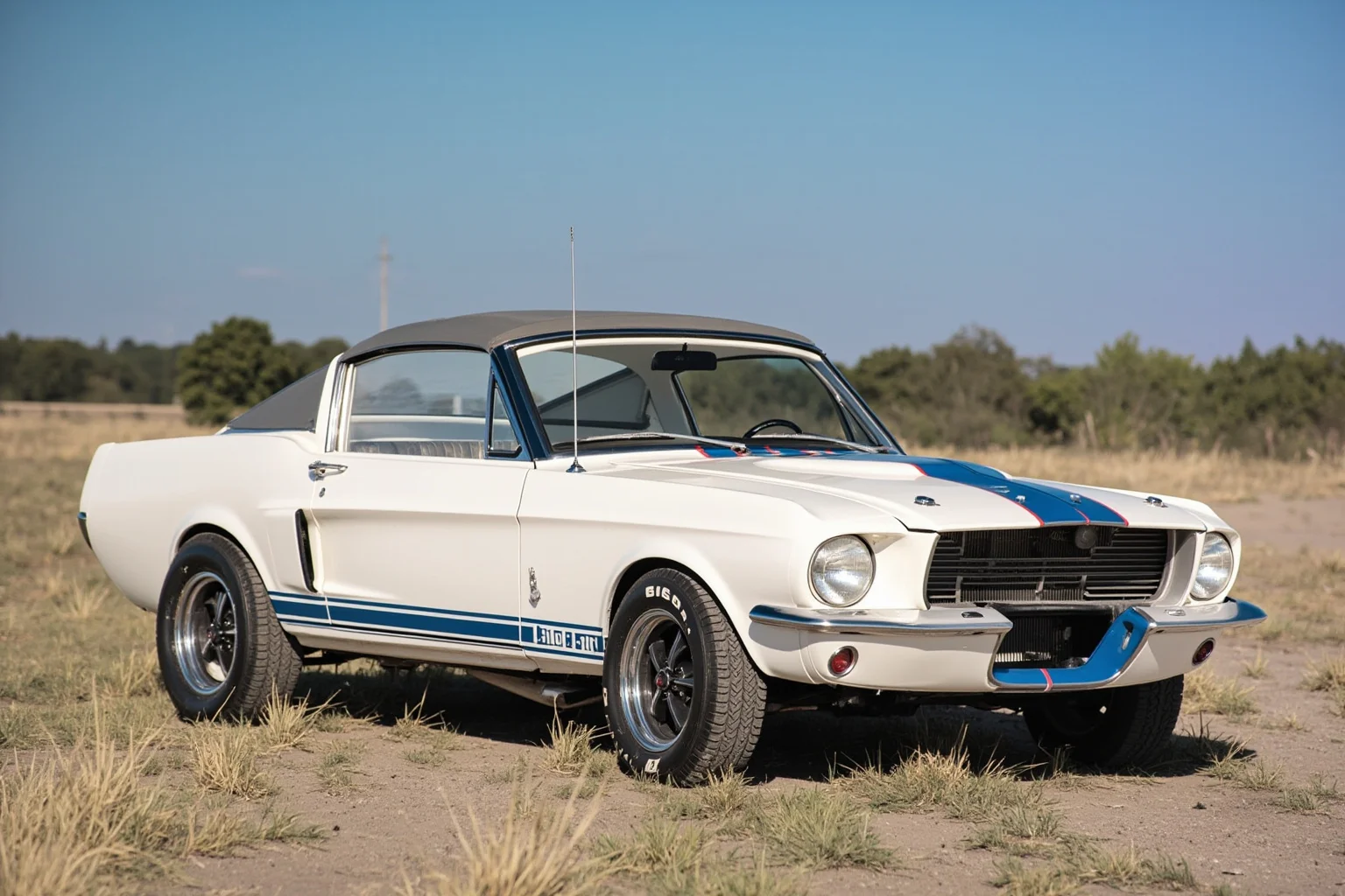 A compact 1960s pony car coupe with a short rear deck and sporty racing stripes