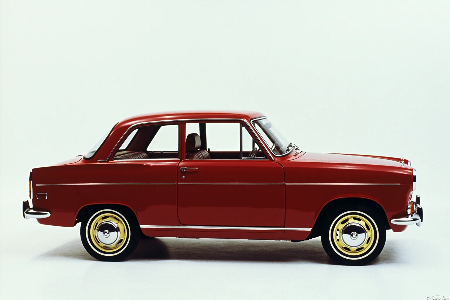 A compact 1960s sedan with a rounded rear-engine silhouette and minimal chrome trim
