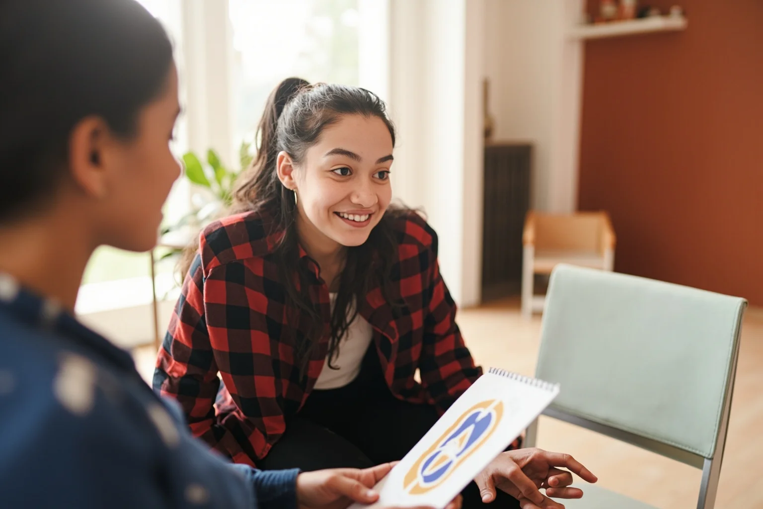 A compassionate figure sitting quietly with a young person in a softly lit support group room