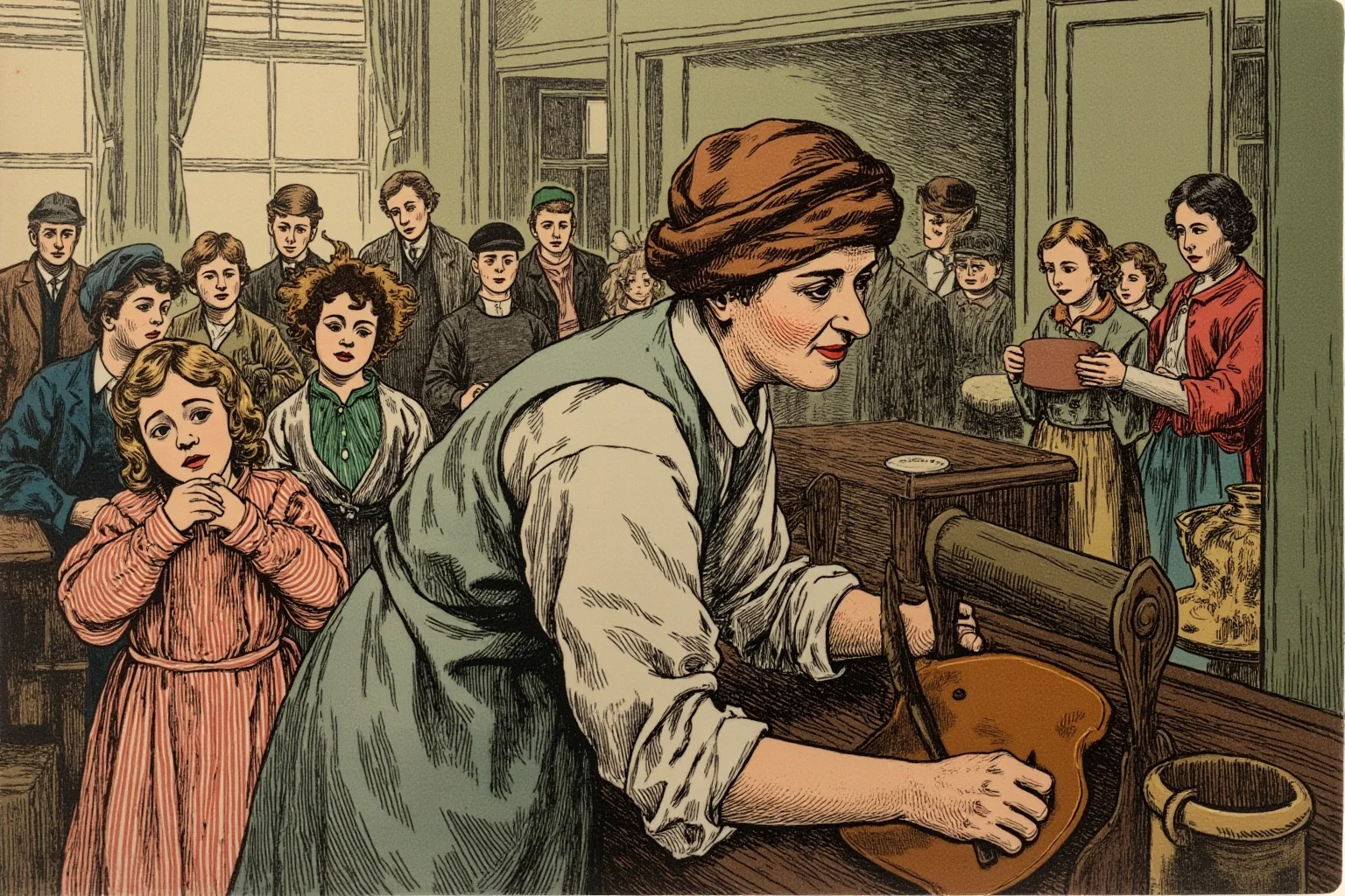 A compassionate woman in early 1900s attire helping immigrant families in a busy community house, illustration style