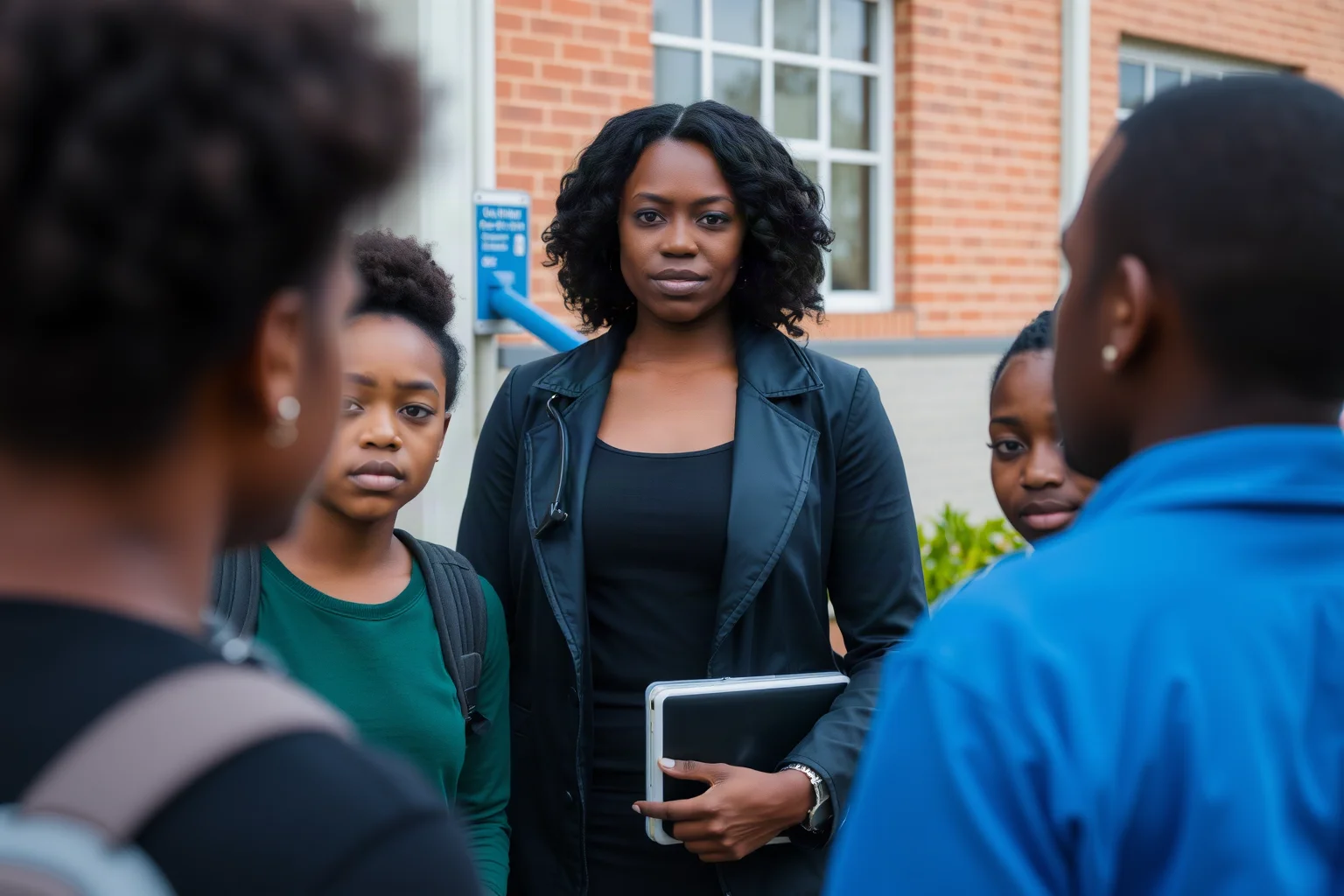 A composed Black woman standing protectively beside a group of Black teenage students outside a school