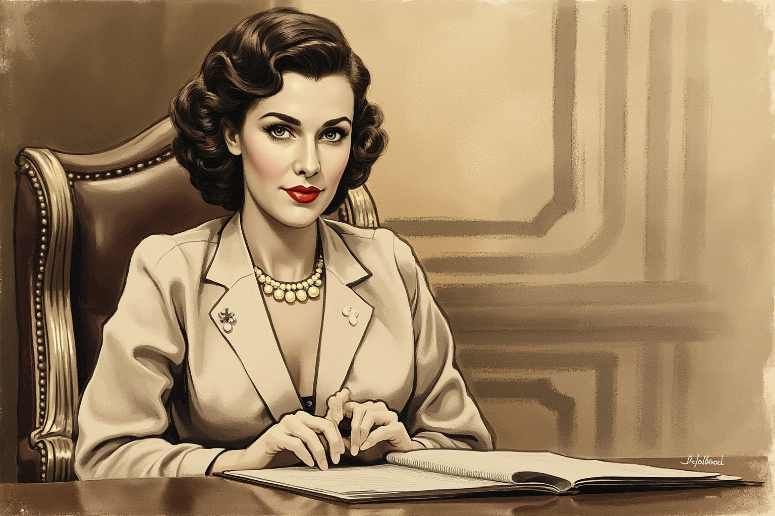 A composed woman in 1940s formal attire seated at a conference table with papers, illustration style