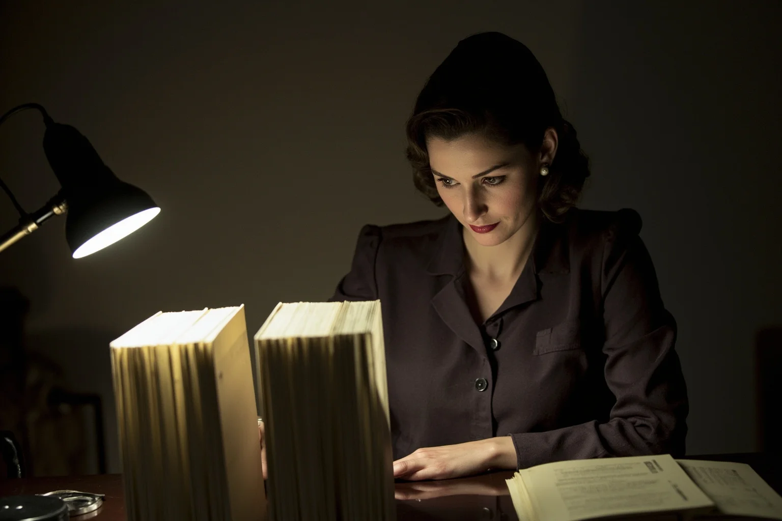 A composed woman in 1940s office attire reviewing personnel files by lamplight, illustrated style