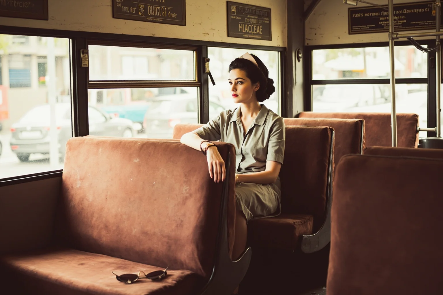 A composed woman in 1950s attire sitting alone on a vintage bus seat, illustration style, no recognizable real face