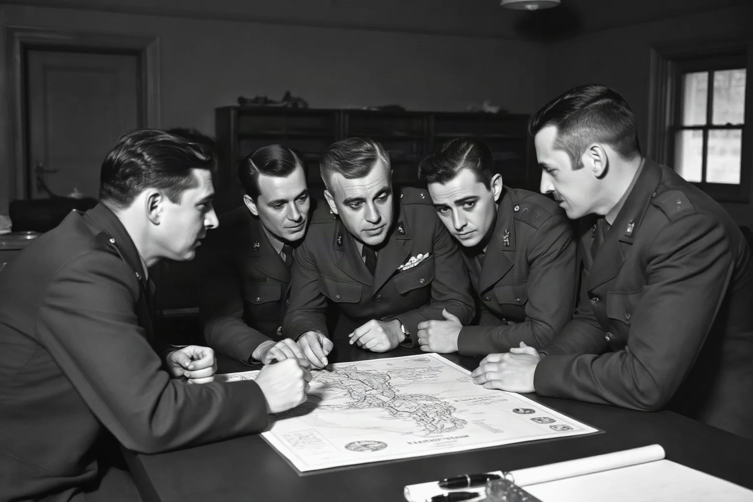 A composed WWII American army group commander conferring with officers over a field table with maps