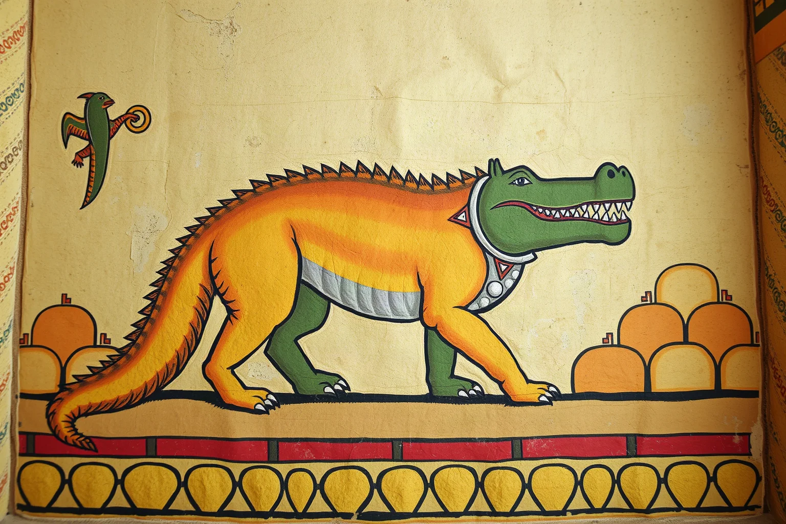 A composite lion-crocodile-hippopotamus creature waiting beside ancient Egyptian scales in a tomb mural style
