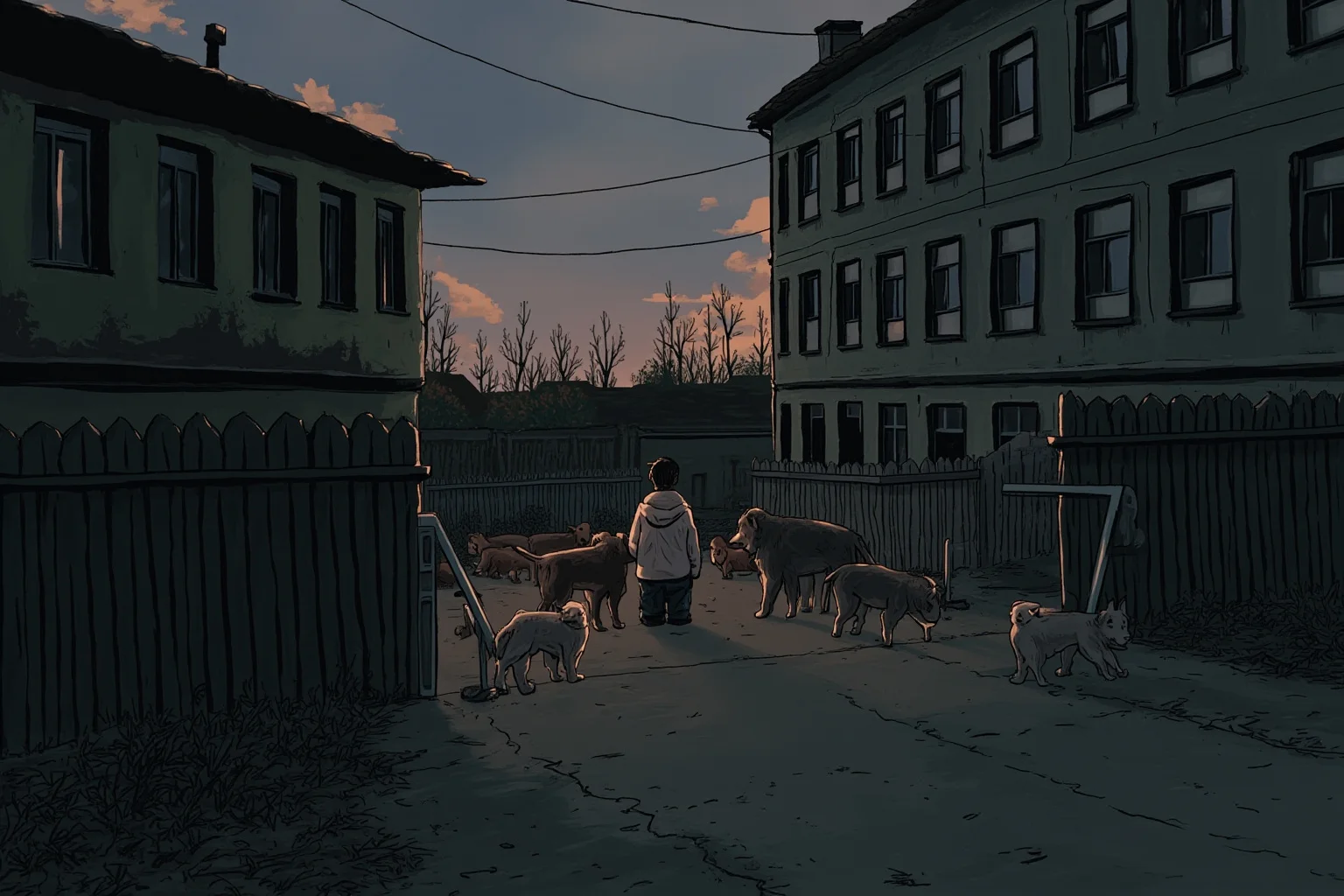 A conceptual illustration of a pack of stray dogs protectively surrounding a small child near an old Russian apartment courtyard at dusk
