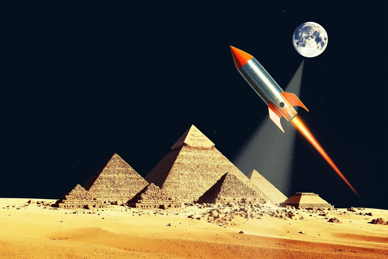 Galileo, Harvard, and 20 Other Unlikely Simultaneous Historical Events 6 A conceptual illustration of ancient Egyptian pyramids fading into a stylized rocket ascending toward the moon