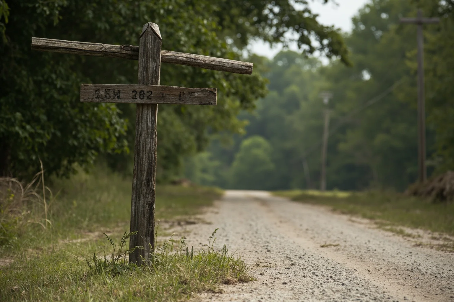 A Confederate-era rural crossroads with a wooden signpost, dirt road disappearing into trees