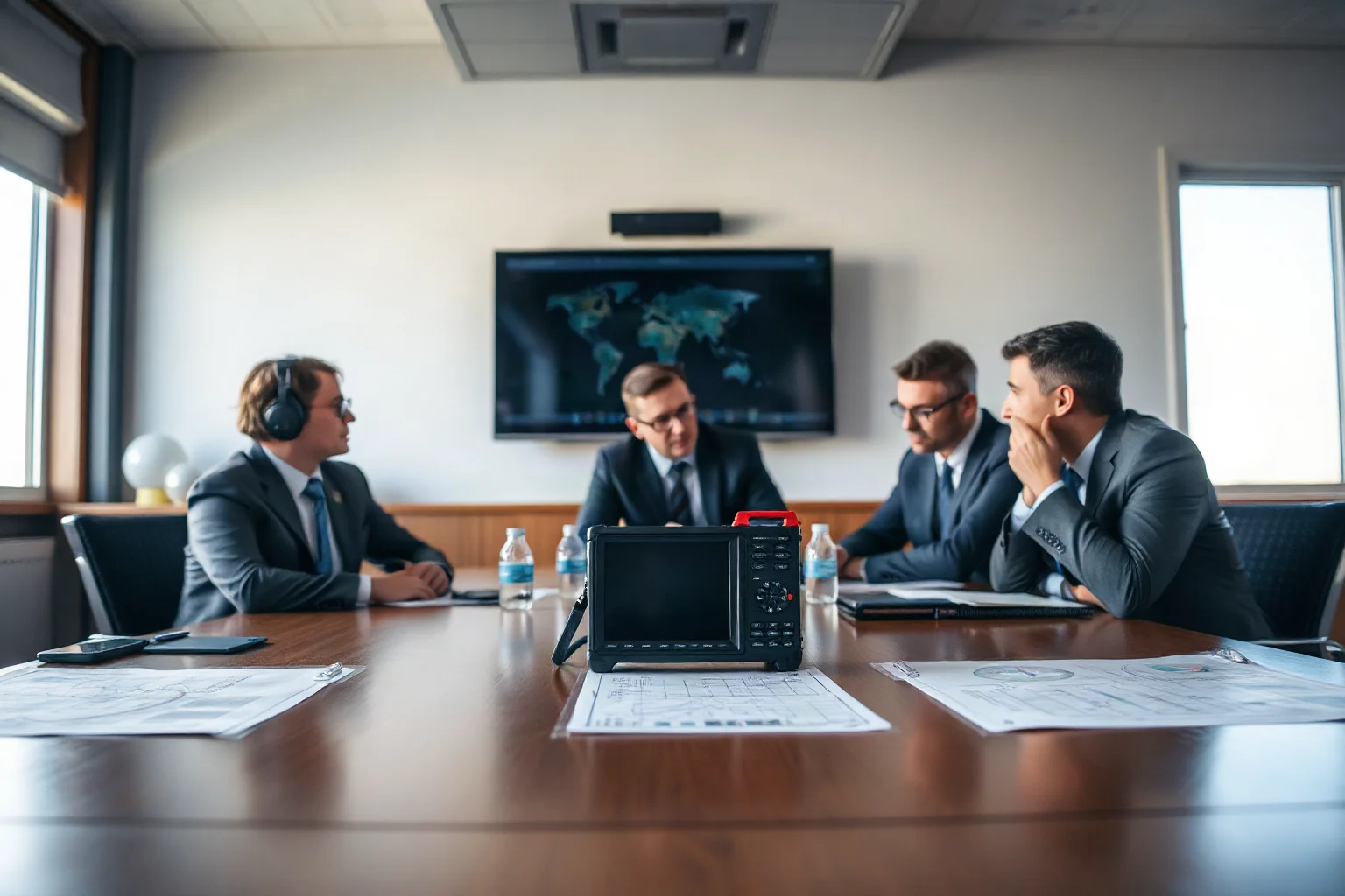 A conference room table with aviation investigators reviewing charts and a black box recorder