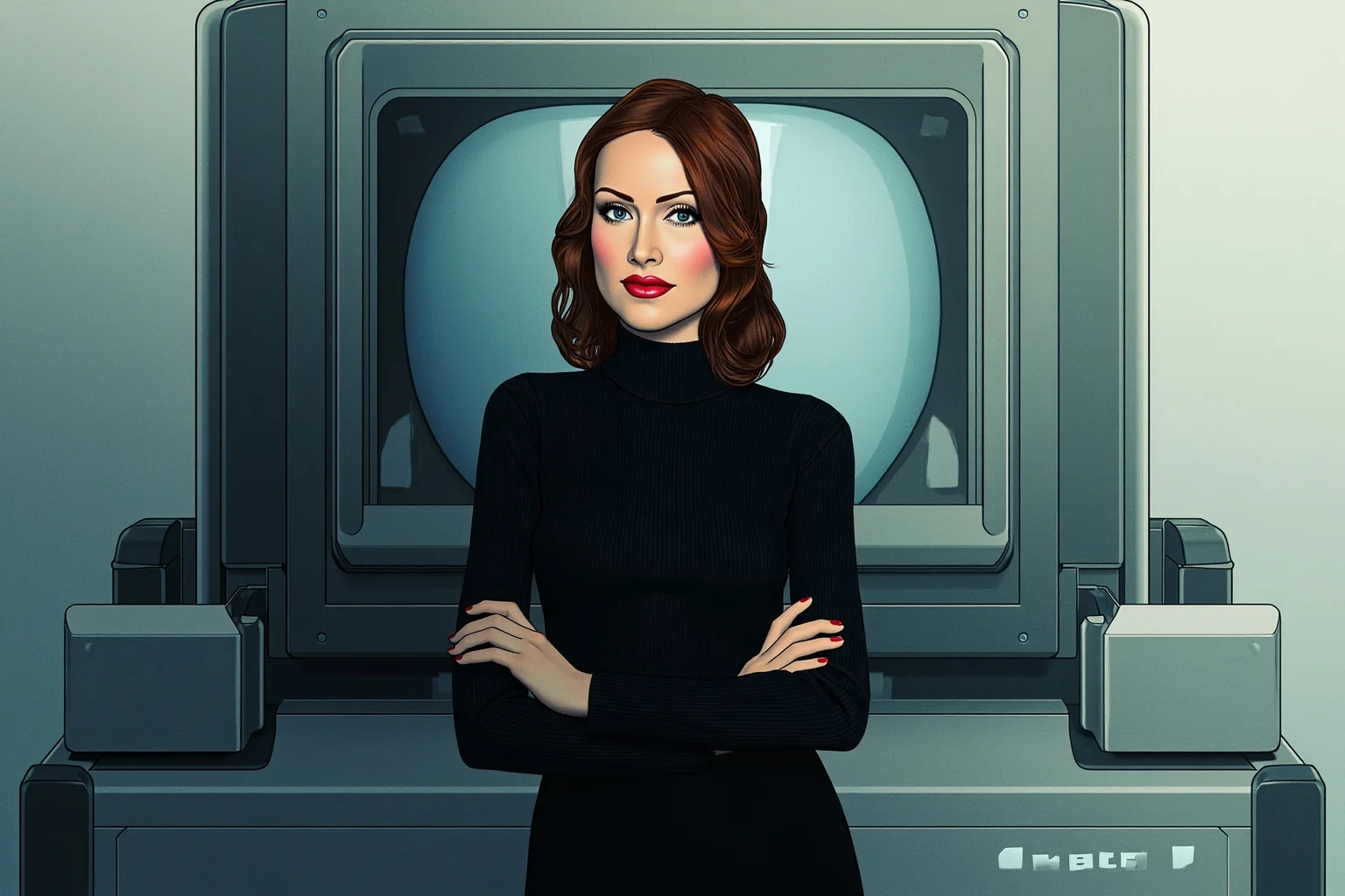A confident businesswoman in a black turtleneck standing in front of sleek laboratory equipment, illustrated in a modern editorial style